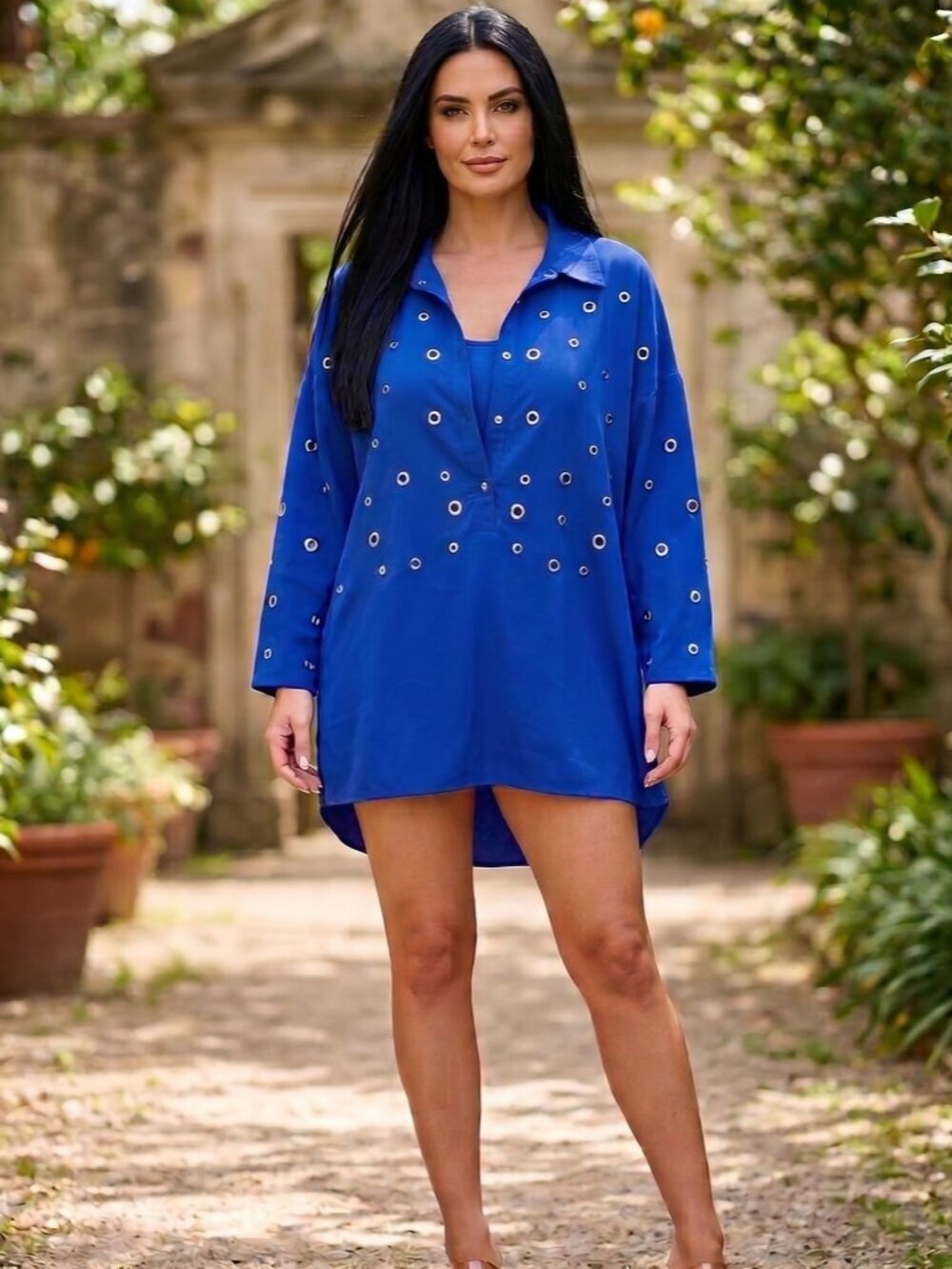 Alberto Makali Blue Eyelet Tunic Size Large Blouse Long Shirt Flowy